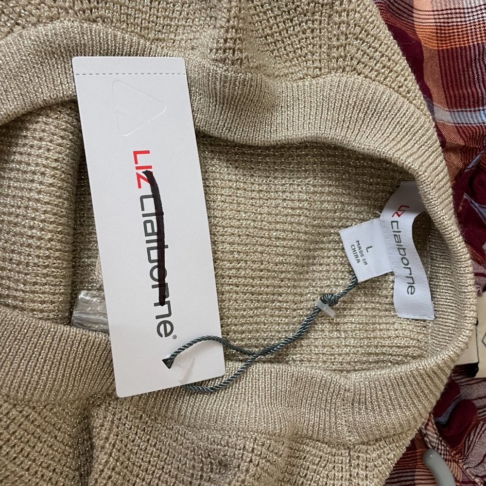 Liz Claiborne | Womens Oatmeal Metallic Knit Long Sleeve Boat Neck Sweater Large - Picture 7 of 7